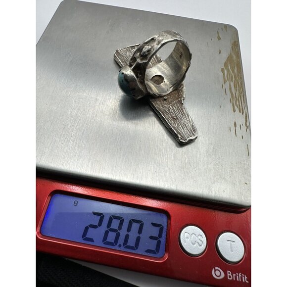 VTG Huge Brutalist Modernist Sterling Silver Turquoise Ring Signed DW Size 8.5 - Picture 12 of 14